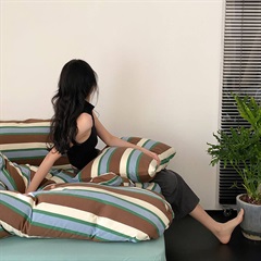 【DayDreamer】ニットコットン寝具カバー4点セット ツインストライプブラウン＆ブルー ダブル