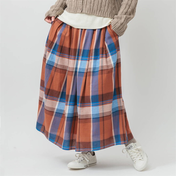 【M.M.O】先染めチェック柄 ロングスカート