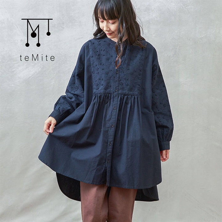 【teMite】立体刺繍づかい 前開きチュニックワンピース