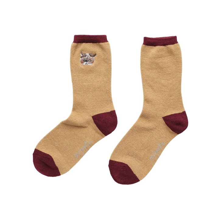 【松尾ミユキ】Wool Blend EMB'D-cat ウール混 ソックス