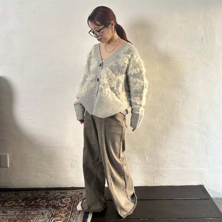 【le colis】ジャガード総柄 長袖ニットカーディガン(03 杢グレー)