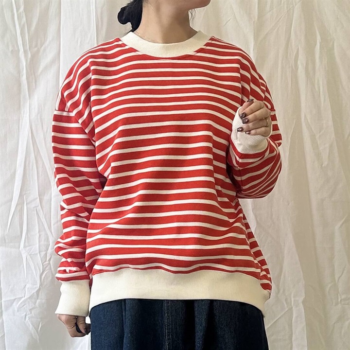 【PAGE ONE】CVC裏起毛 ボーダー柄 バックジップアップ 長袖スウェット