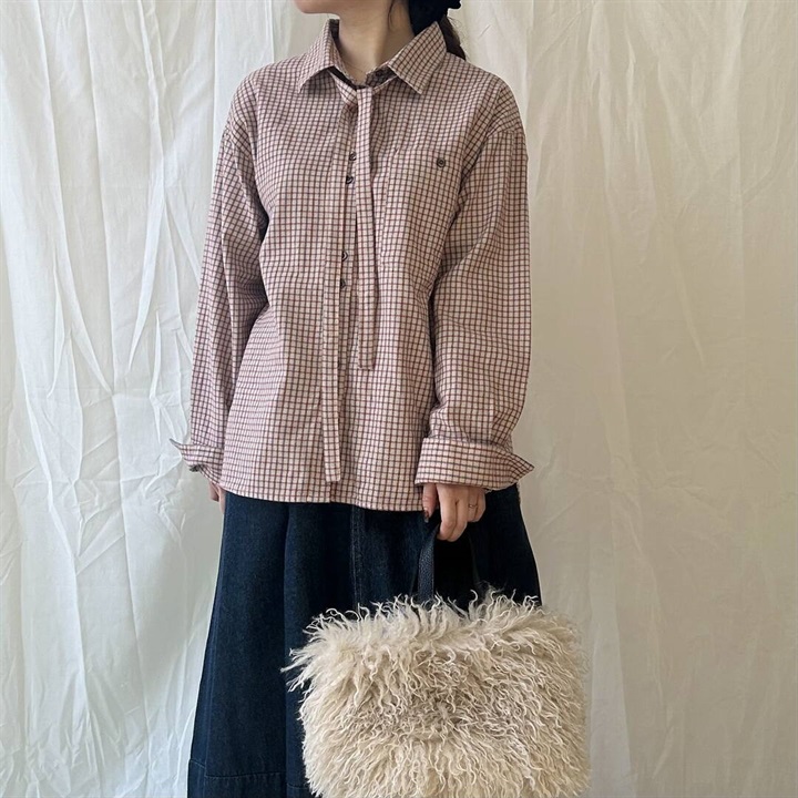 【POU DOU DOU】ビエラチェックあちこちリボン長袖起毛シャツ