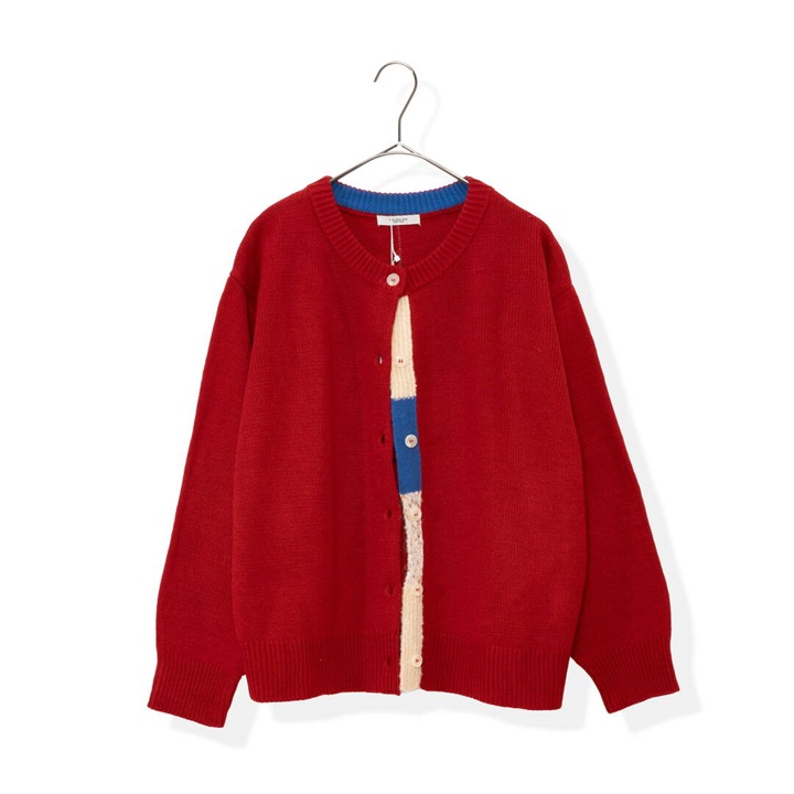 【POU DOU DOU】下前立て配色クルーネック前開き長袖ニットカーディガン