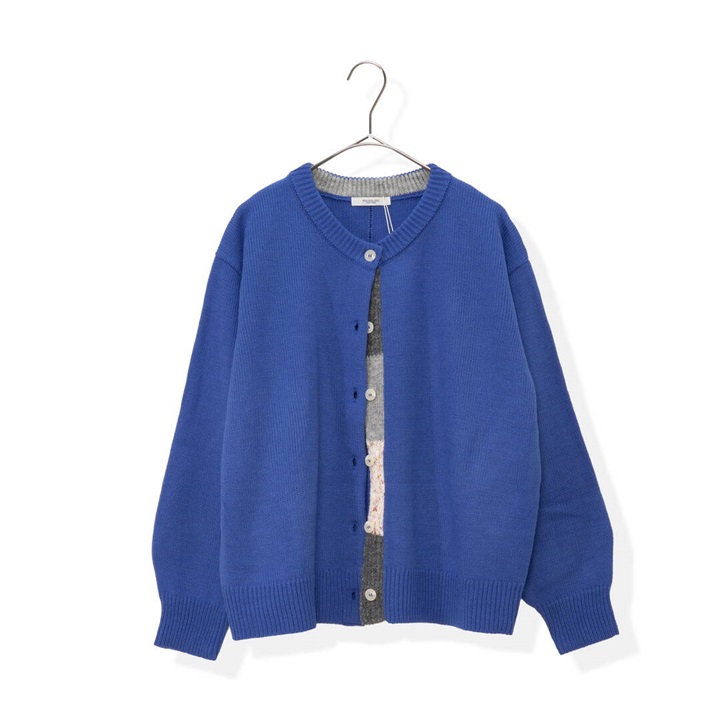 【POU DOU DOU】下前立て配色クルーネック前開き長袖ニットカーディガン