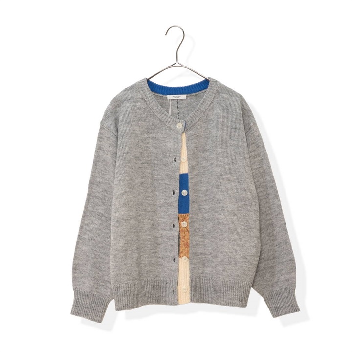 【POU DOU DOU】下前立て配色クルーネック前開き長袖ニットカーディガン