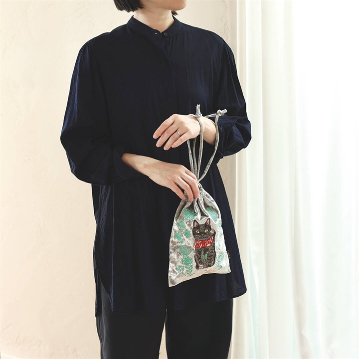 【未使用級】ルシアンペラフィネ　ドクロ　スカル　総柄　ウエストポーチ Nathalie Lete】Velour Drawstring pouch Lucky cat ベロア巾着ポーチ
