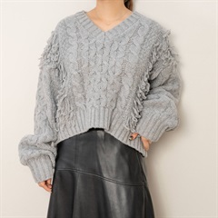 【POU DOU DOU】ループフリンジ 長袖ケーブルニットプルオーバー(390 GRAY)