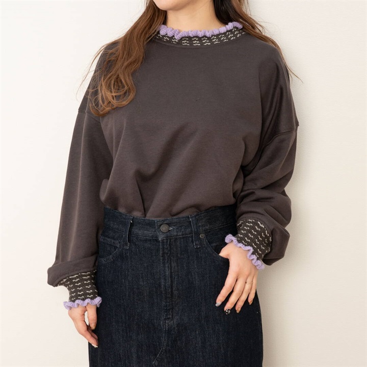 【POU DOU DOU】ニットフリル付き 長袖裏毛スウェット