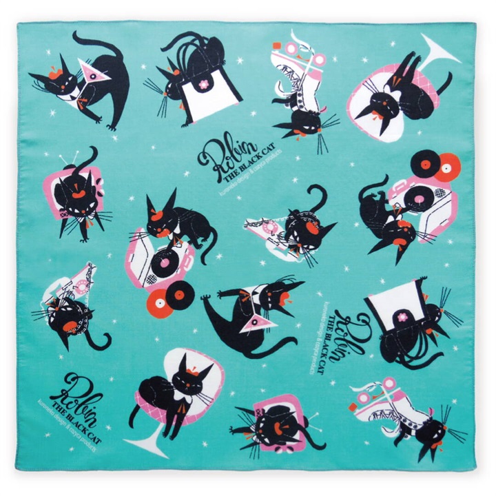 【cozyca products】黒ねこ意匠 ハンカチ