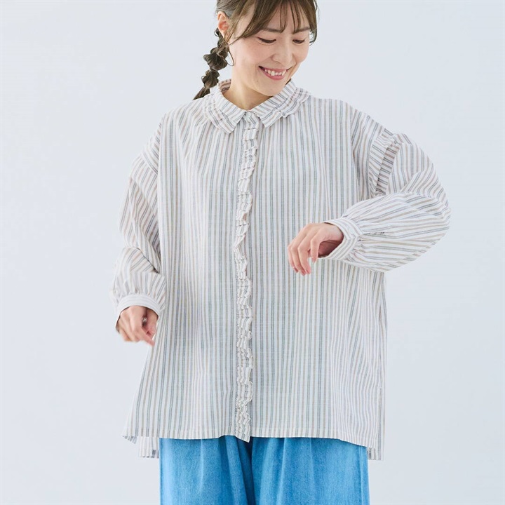 【Cloudnine】先染コットンスラブストライプ フリル付き 前開き 長袖チュニック(02 IVORY)