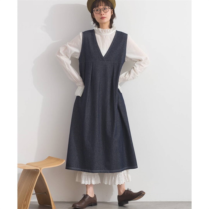 【LuPilien】裏毛デニム タックジャンパースカート(302 NAVY DENIM)