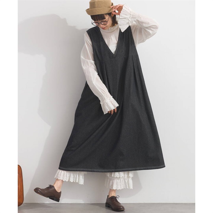 【LuPilien】裏毛デニム タックジャンパースカート(306 BLACK DENIM)