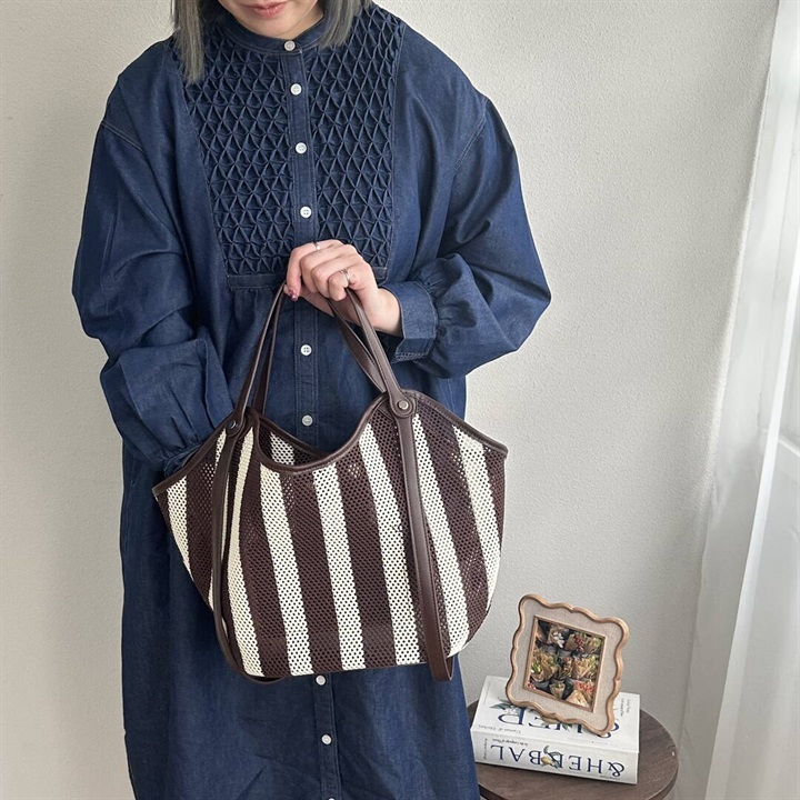 【MID GIRL APPLY】太ストライプ 2way メッシュトート