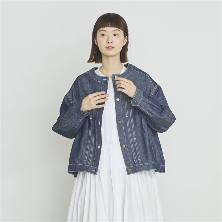 【m.n】コットンデニム ノーカラージャケット