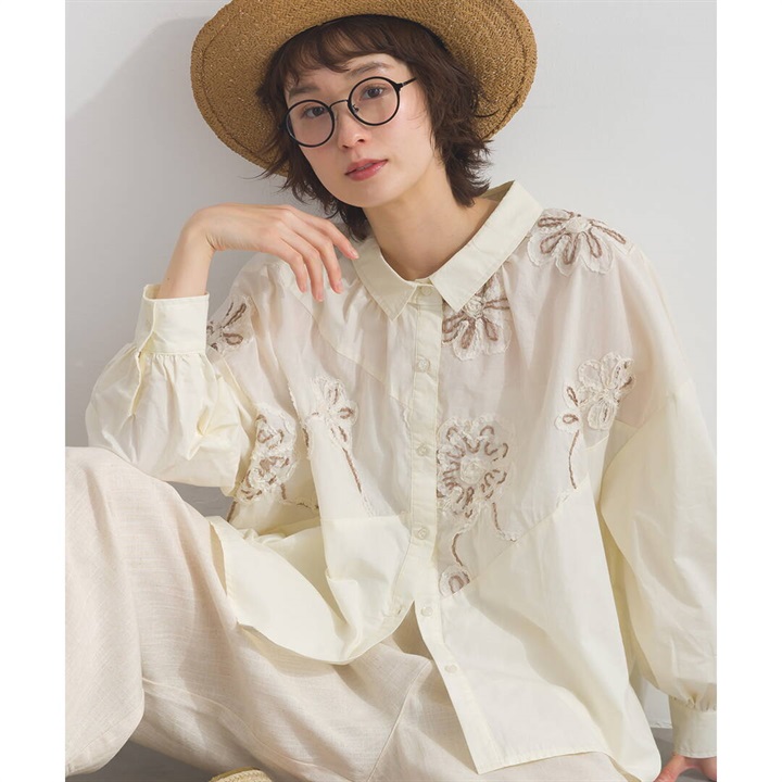 【Lupilien】フラワーモチーフパッチワーク 前開き 長袖シャツ(071KINARI)