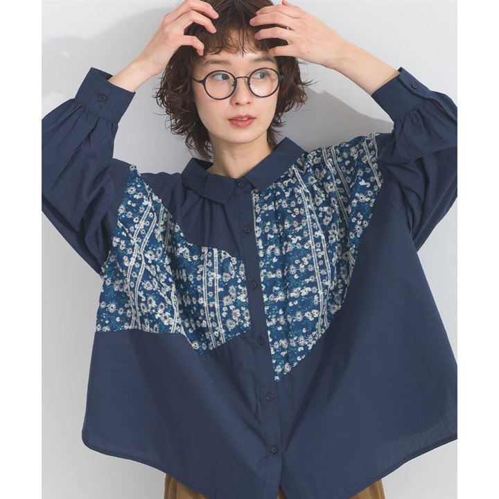 【Lupilien】フラワーモチーフパッチワーク 前開き 長袖シャツ(032NAVY)