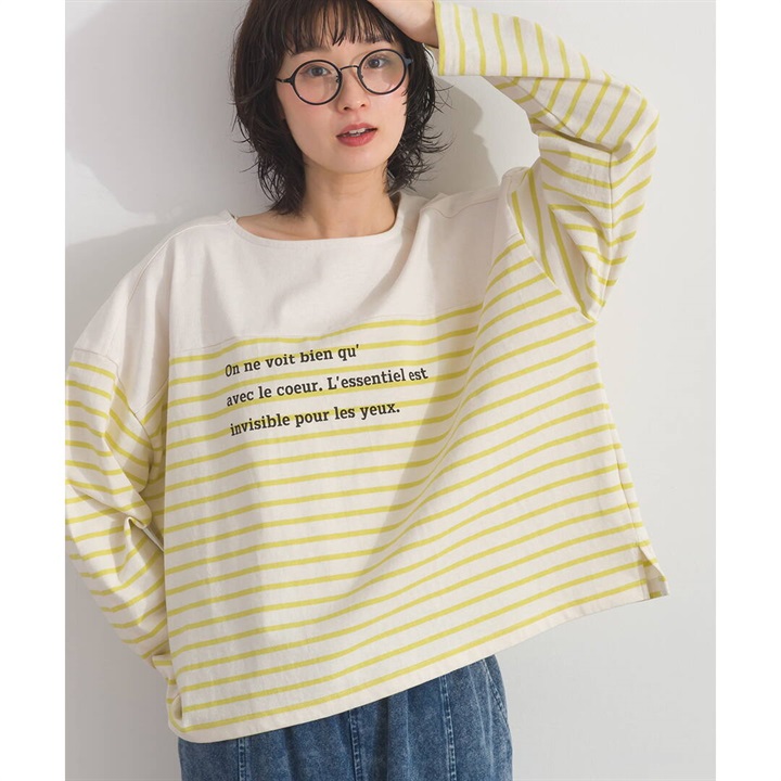 【Lupilien】ボーダー天竺切替プリント バスクロングTシャツ(162YELLOW)