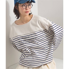 【Lupilien】ボーダー天竺切替プリント バスクロングTシャツ(169NAVY)
