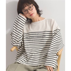 【Lupilien】ボーダー天竺切替プリント バスクロングTシャツ(170BLACK)