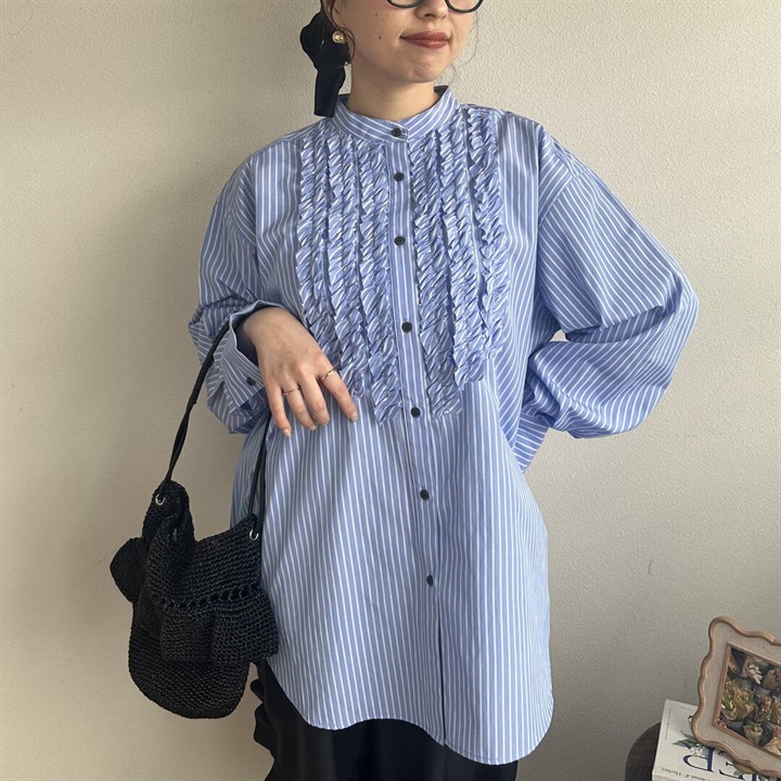 【hunch】前開き長袖フリルシャツ(81 STRIPE)