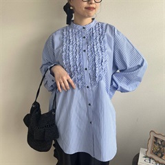 【hunch】前開き長袖フリルシャツ(81 STRIPE)