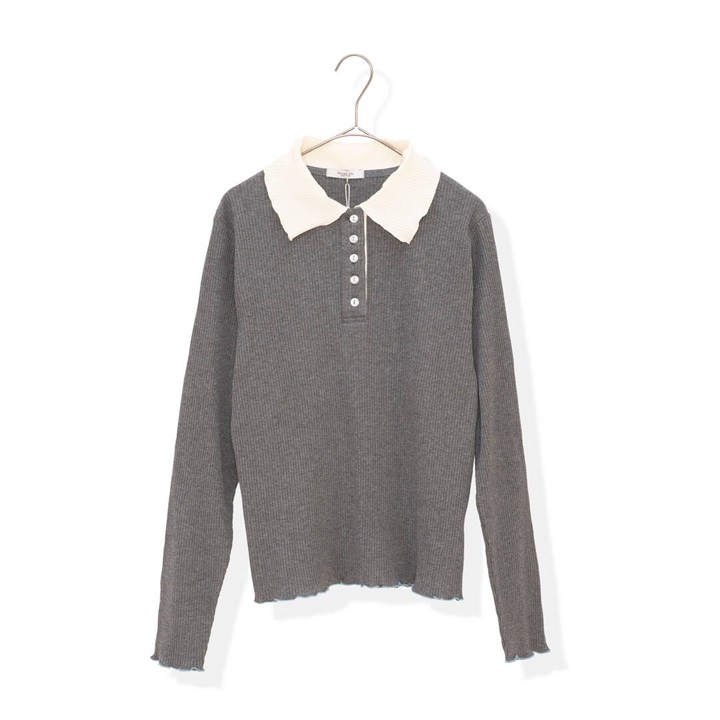 【POU DOU DOU】並びボタン配色衿ボーダー柄 長袖カットソー(392D/GRAY)