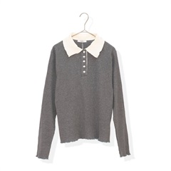 【POU DOU DOU】並びボタン配色衿ボーダー柄 長袖カットソー(392D/GRAY)