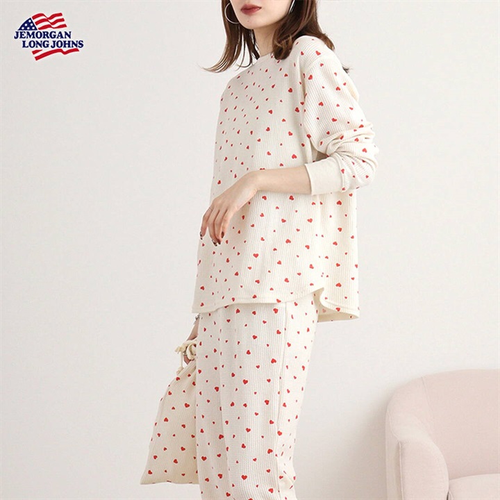 【JEMORGAN LONG JOHNS】ワッフル ハート柄 ロングスリーブルームウェア3点セット