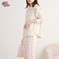 【JEMORGAN LONG JOHNS】ワッフル ハート柄 ロングスリーブルームウェア3点セット(35赤ハート)