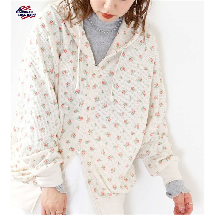 【JEMORGAN LONG JOHNS】ワッフル花柄フルジップ 長袖パーカー