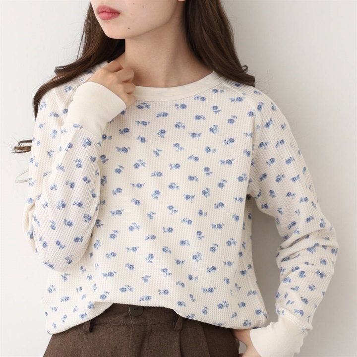 【JEMORGAN LONG JOHNS】ワッフル青花柄ラグランロングスリーブTシャツ