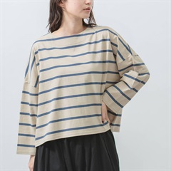 【M.M.O】OE天竺 バスクワイドボーダー 9分袖Tシャツ(03 ベージュ×ダークブルー)