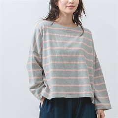 【M.M.O】OE天竺 バスクワイドボーダー 9分袖Tシャツ(04 杢グレー×ピンク)