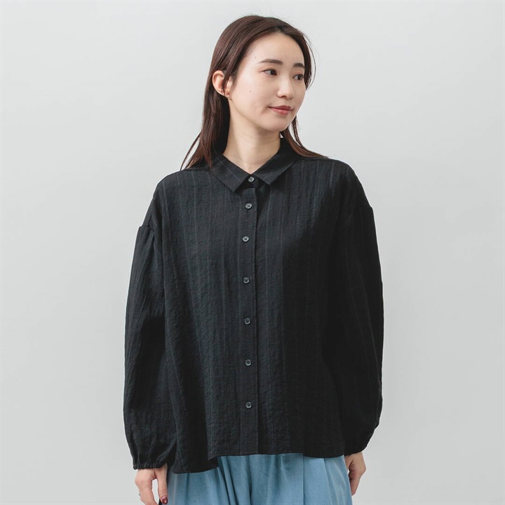 【M.M.O】シャツカラー チェック風織り 長袖シャツブラウス