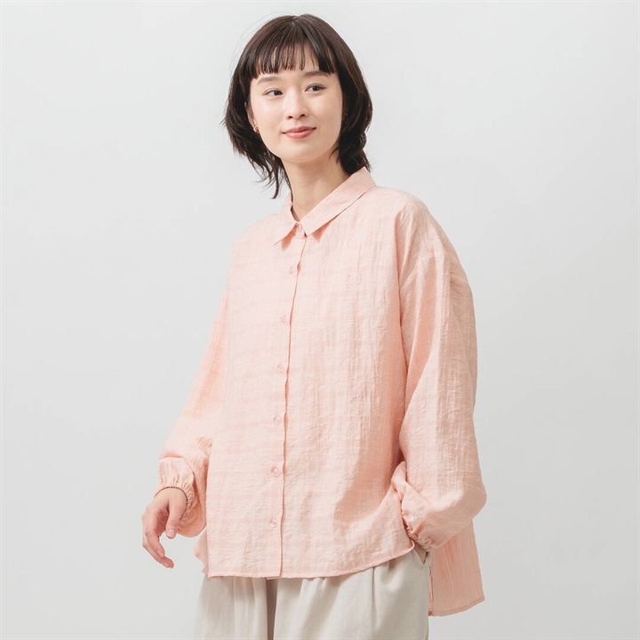 【M.M.O】シャツカラー チェック風織り 長袖シャツブラウス