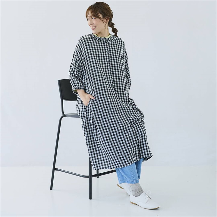 【Cloudnine】襟フリル 楊柳Wガーゼ 前開き 8分袖ワンピース(07 BLACK)