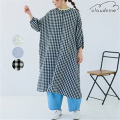 【Cloudnine】襟フリル 楊柳Wガーゼ 前開き 8分袖ワンピース