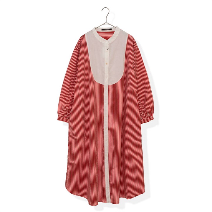 【fu-dueka：：】ストライプ切替 前開き 長袖ワンピース