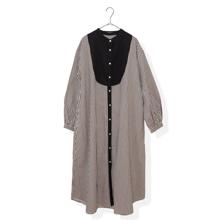 【fu-dueka：：】ストライプ切替 前開き 長袖ワンピース