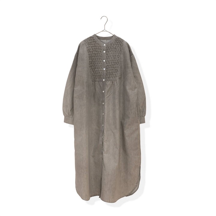 Noia 5.5ozデニム スモッキング 前開き 長袖ワンピース