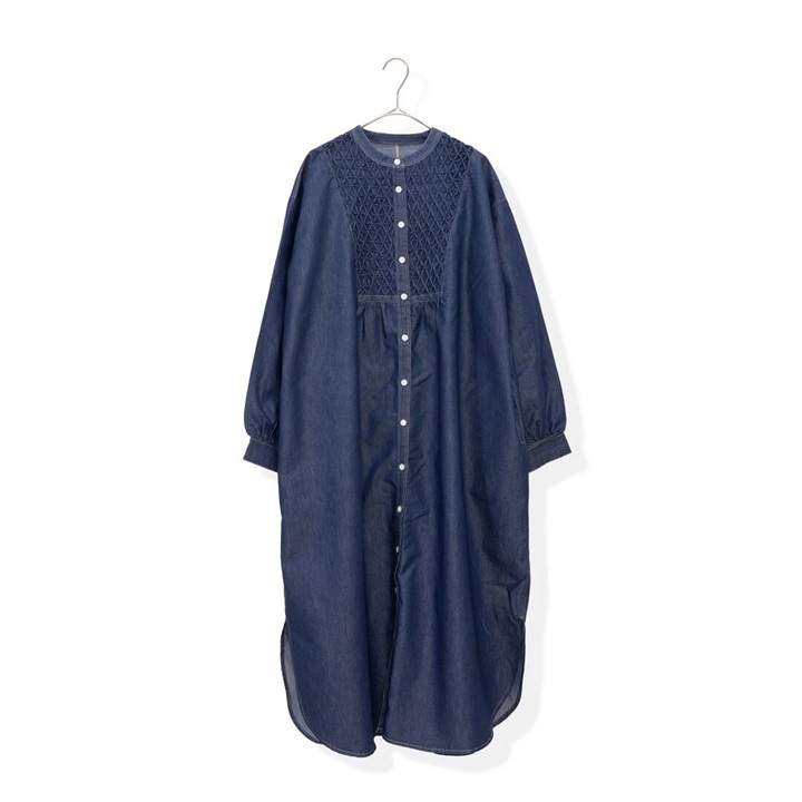 Noia 5.5ozデニム スモッキング 前開き 長袖ワンピース