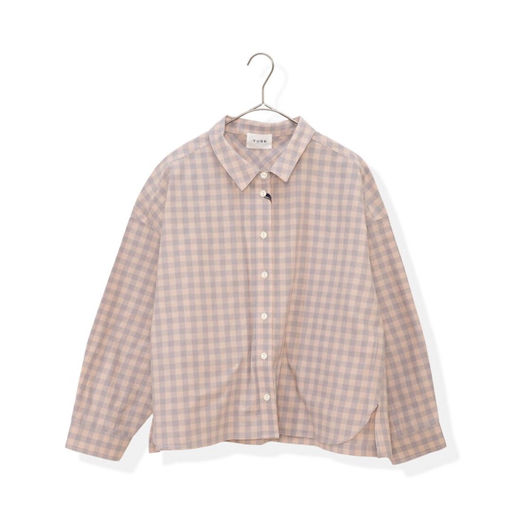 【YURK Geniet van】ギンガムチェック 前開き長袖ワイドシャツ(BEIGE)