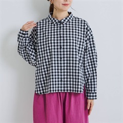 【YURK Geniet van】ギンガムチェック 前開き長袖ワイドシャツ(BLACK)