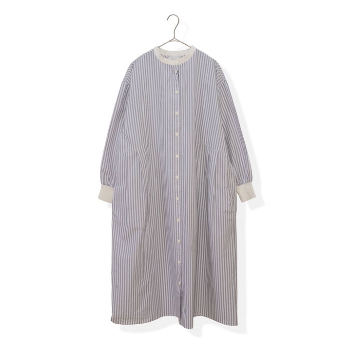 【YURK Geniet van】リブコンビ ストライプ 前開き 長袖ワンピース(GRAY)