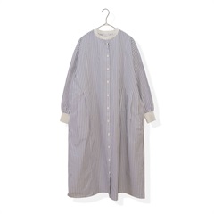 【YURK Geniet van】リブコンビ ストライプ 前開き 長袖ワンピース(GRAY)