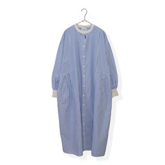 【YURK Geniet van】リブコンビ ストライプ 前開き 長袖ワンピース(BLUE)