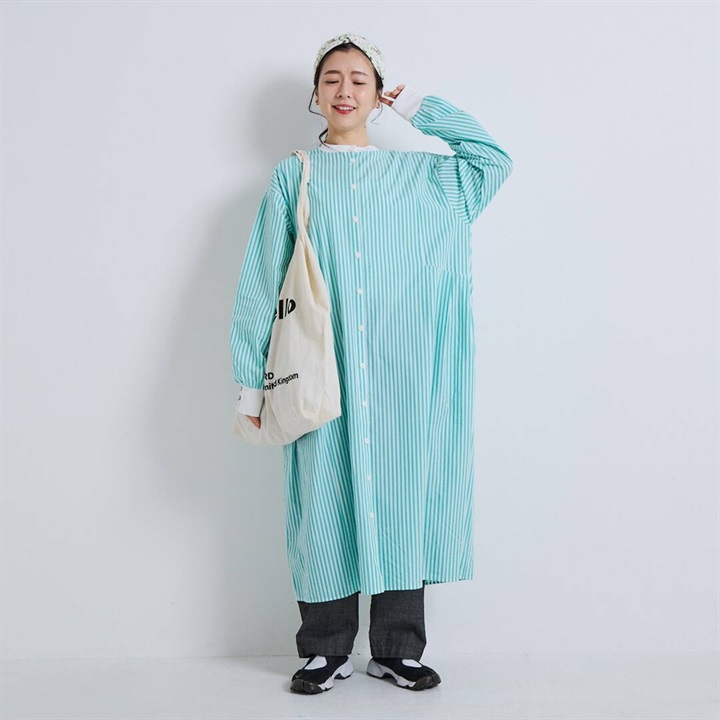 【YURK Geniet van】リブコンビ ストライプ 前開き 長袖ワンピース(GREEN)