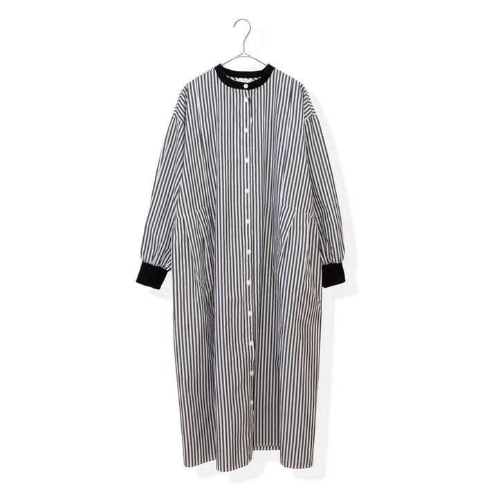 【YURK Geniet van】リブコンビ ストライプ 前開き 長袖ワンピース(BLACK)