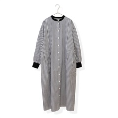 【YURK Geniet van】リブコンビ ストライプ 前開き 長袖ワンピース(BLACK)